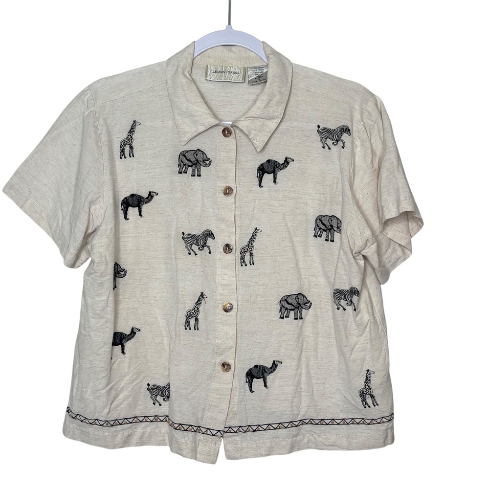 Vtg Lemon Grass Embroidered Safari Animal Shirt S Linen Cotton Coastal Grandma